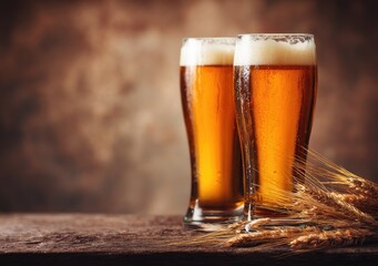 Two glasses of amber beer with foam on rustic wooden table beside wheat stalks, ideal for brewing advertisements, bar promotions, Oktoberfest, and harvest-themed visuals