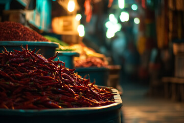 Close-up of Dried Red Chilies in Indian Market