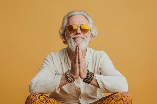Image of cheerful elderly wealthy man in trendy yellow sunglasses doing yoga stretches aga