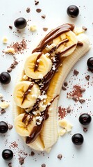 Banana slices with chocolate sauce and acai berries on a white surface detail view