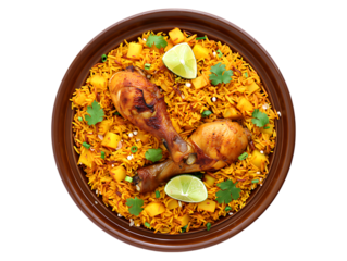 Delicious chicken biryani with mango and lime isolated on transparent background