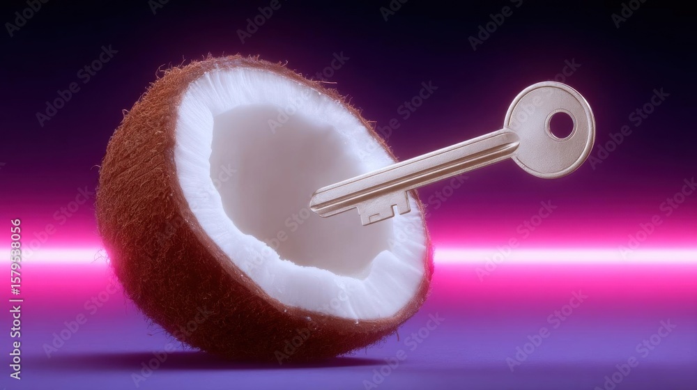 Poster key resting on top of a half-coconut. the key is silver in color and has a round shape with a keyhol