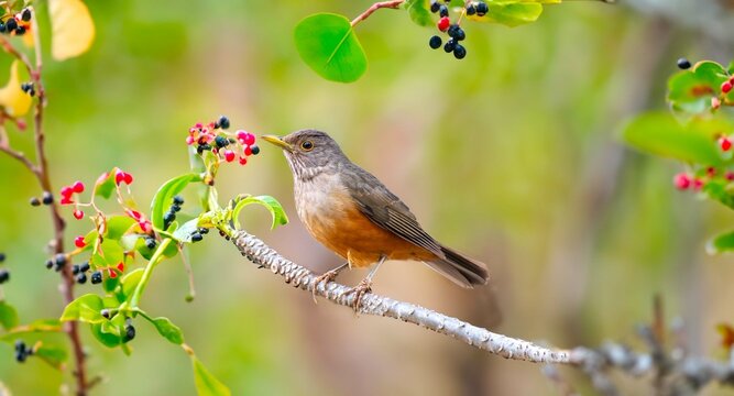 Purple-breasted Thrush (Turdus rufiventris), a bird symbol of Brazil, captured in natural light that highlights its vibrant colors. Perfect photo.Sabi&aacute; laranjeira