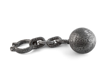 Old heavy iron ball with chain and shackle on white background with clipping path