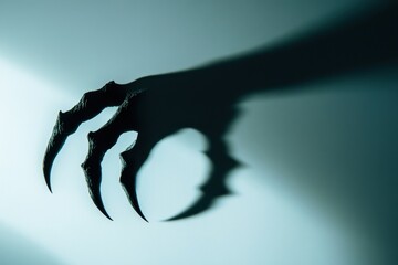 Large creature s claw silhouette on a wall Spooky hand shadow on a blank white backdrop w