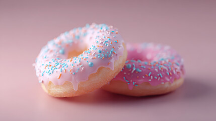 Close-up of two freshly glazed donuts, set against a soft gradient background transitioning from light peach to rosy pink