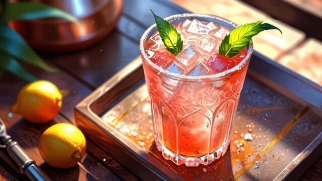 Anime Guava Chili Cooler Tropical Pink Drink With Mint Cartoon Style