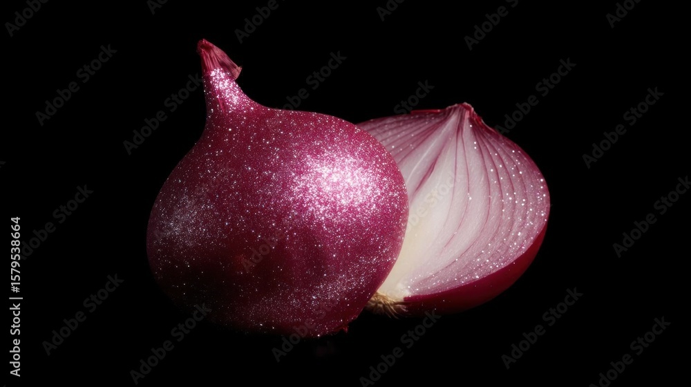 Aufkleber close-up of a red onion. the onion is in the center of the image, with its bulb facing towards the l
