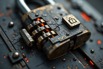 Padlock lock with code secret mechanism. Retrofuturism close-up. Selective focus.