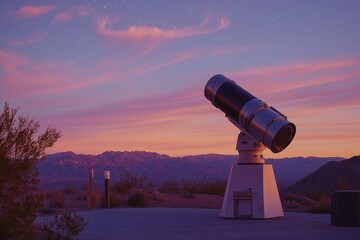 Large telescope prepared for stargazing beneath a dusk sky
