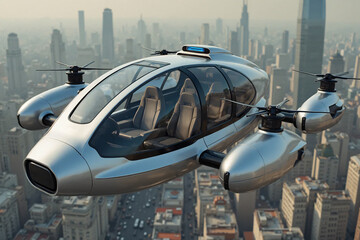Autonomous flying taxi. Unmanned aerial vehicle with four prope over a large city.