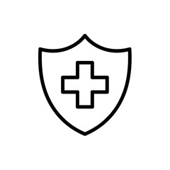 Fototapeta premium Simple black outline shield with a plus symbol inside representing health protection