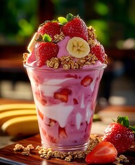 Strawberry, banana and granola ice cream in a transparent glass