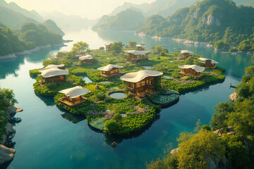 Green plant farm on artificial island in water. Architectural water farm landscape.