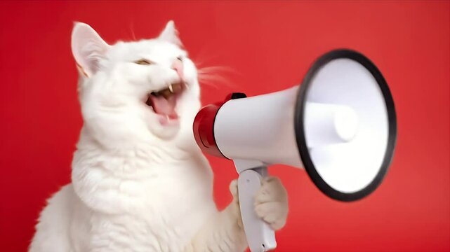 A white cat with a megaphone yells on a vibrant red backdrop