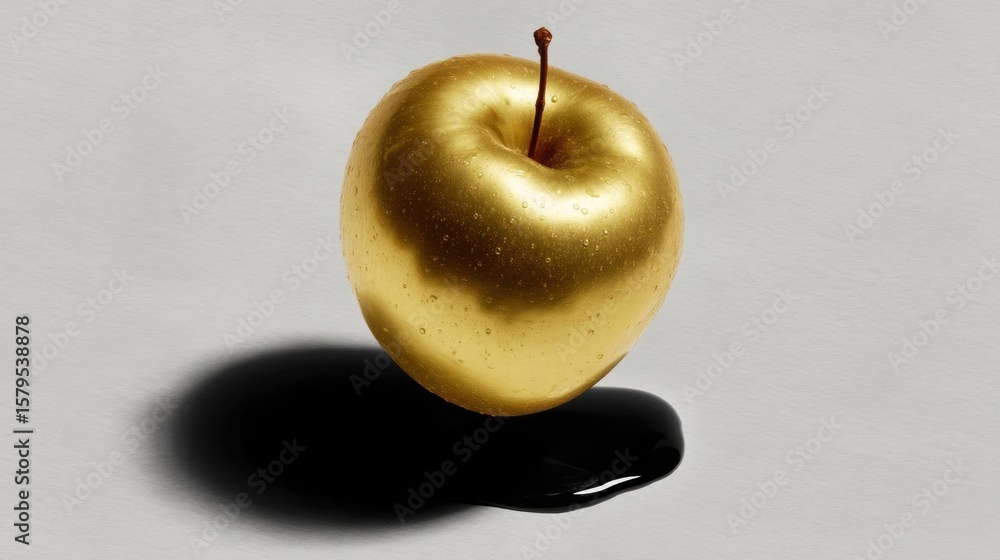 Poster close-up of a golden apple. the apple is in the center of the image and is placed on a white surface
