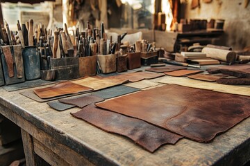 Leather crafting Colorful pieces of leather on a craftsman s desk with tools and a hide