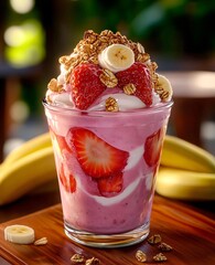 Strawberry, banana and granola ice cream in a transparent glass
