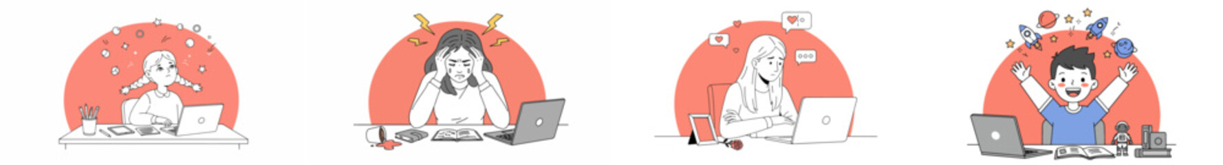 Fototapeta premium Illustration of four professionals in different work scenarios within red circular frames