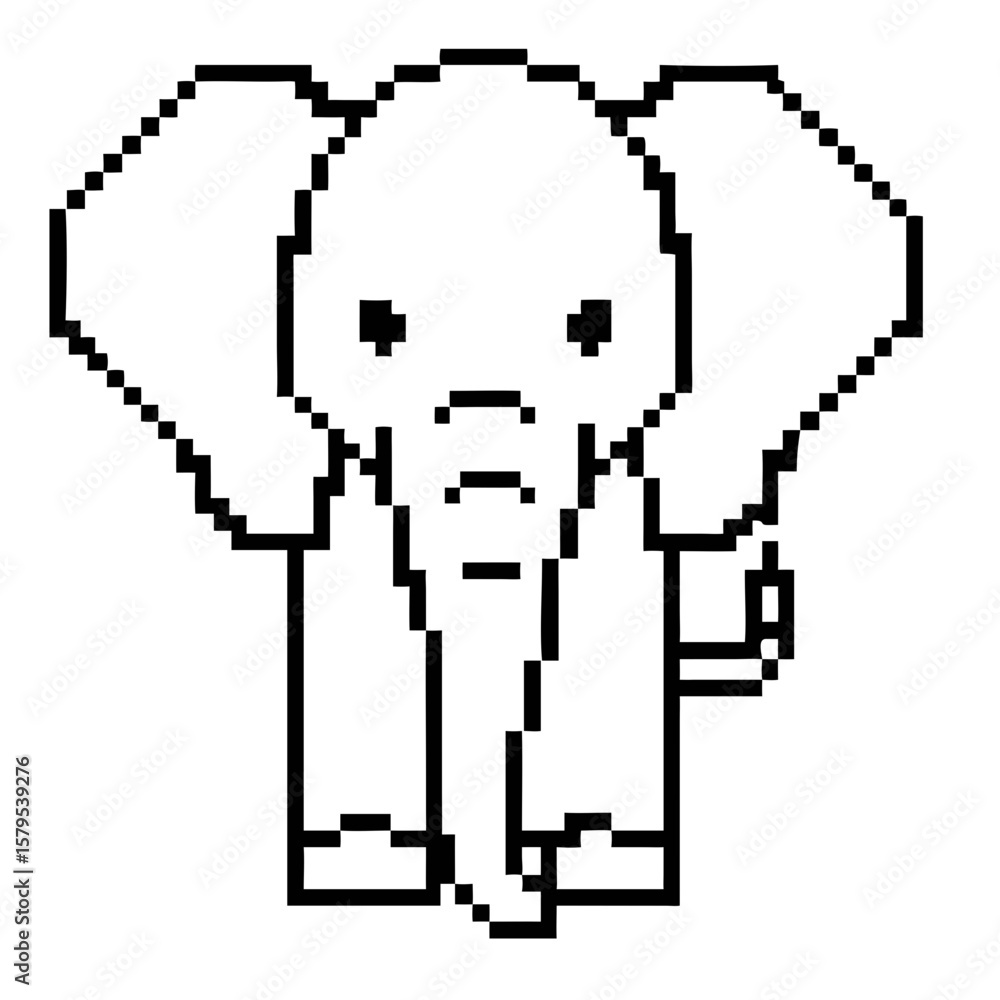 Aufkleber a simple front on view in black pixel outline of an elephant