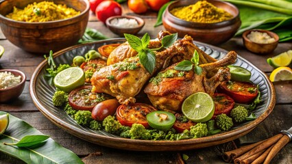 Chicken Cafreal from Goa, plated beautifully with authentic sides, traditional garnish, cultural background props.