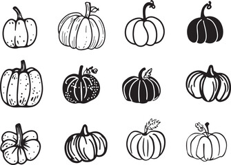 set of  hand drawn line art vector of autumn pumpkins