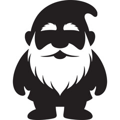 A stylized black and white illustration of a gnome with a large beard and a pointed hat design art on transparent background