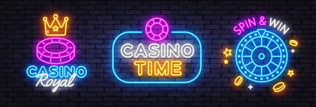 Neon sign collection with casino royal, casino time, and spin and win designs. Crown, roulette and poker chip icons highlight classic gambling themes.