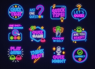 Bright neon collection of 12 glowing quiz signs: buttons, questions, thinking, trivia night and winning ideas. Perfect for games, fun shows or playful interfaces.
