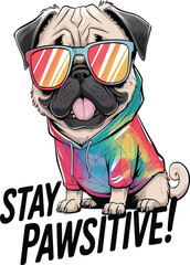 Pug wearing sunglasses and hoodie tie dye