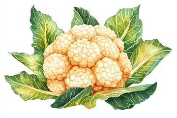 Elegant Watercolor Cauliflower with Lush Green Leaves on a White Background Design