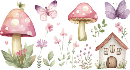 Watercolor Border with Mushrooms Butterflies Flowers and a Small House Illustration © Sharif