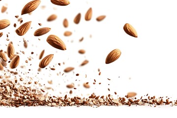 Falling Almonds Explosion with Pieces on White Backdrop Texture and Details