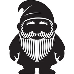 A black and white illustration of a gnome with a long beard and a pointed hat on a white background on transparent background