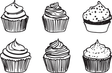 set of  hand drawn line art vector of cup cakes