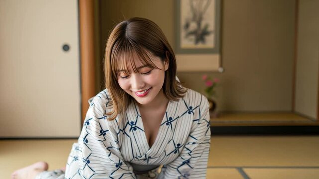 浴衣姿の女性が前かがみ茶を差し出す