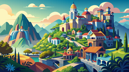 Ba na hills scenic view, vibrant architecture lunar castles and French village and lush greenery in Da nang, Vietnam