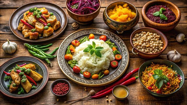 Suja and Tingmo from Tibet, plated beautifully with authentic sides, traditional garnish, cultural background props.