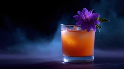 Close-up of a glass filled with an orange-colored drink. the drink appears to be a cocktail or a mocktail, with a thick layer of ice cubes and a small purple flower on top.
