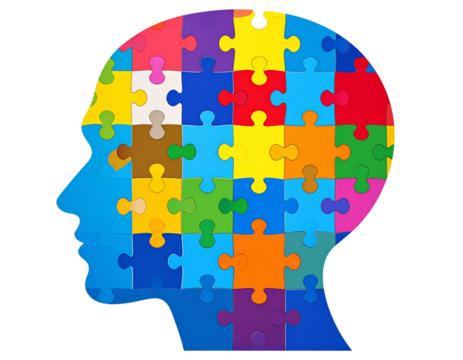 Colorful puzzle pieces form the shape of an adult head, symbolizing mental health and  