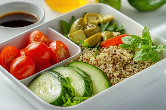 Nutritious meal Buddha bowl with quinoa avocado cucumber salad tomato and olive oil