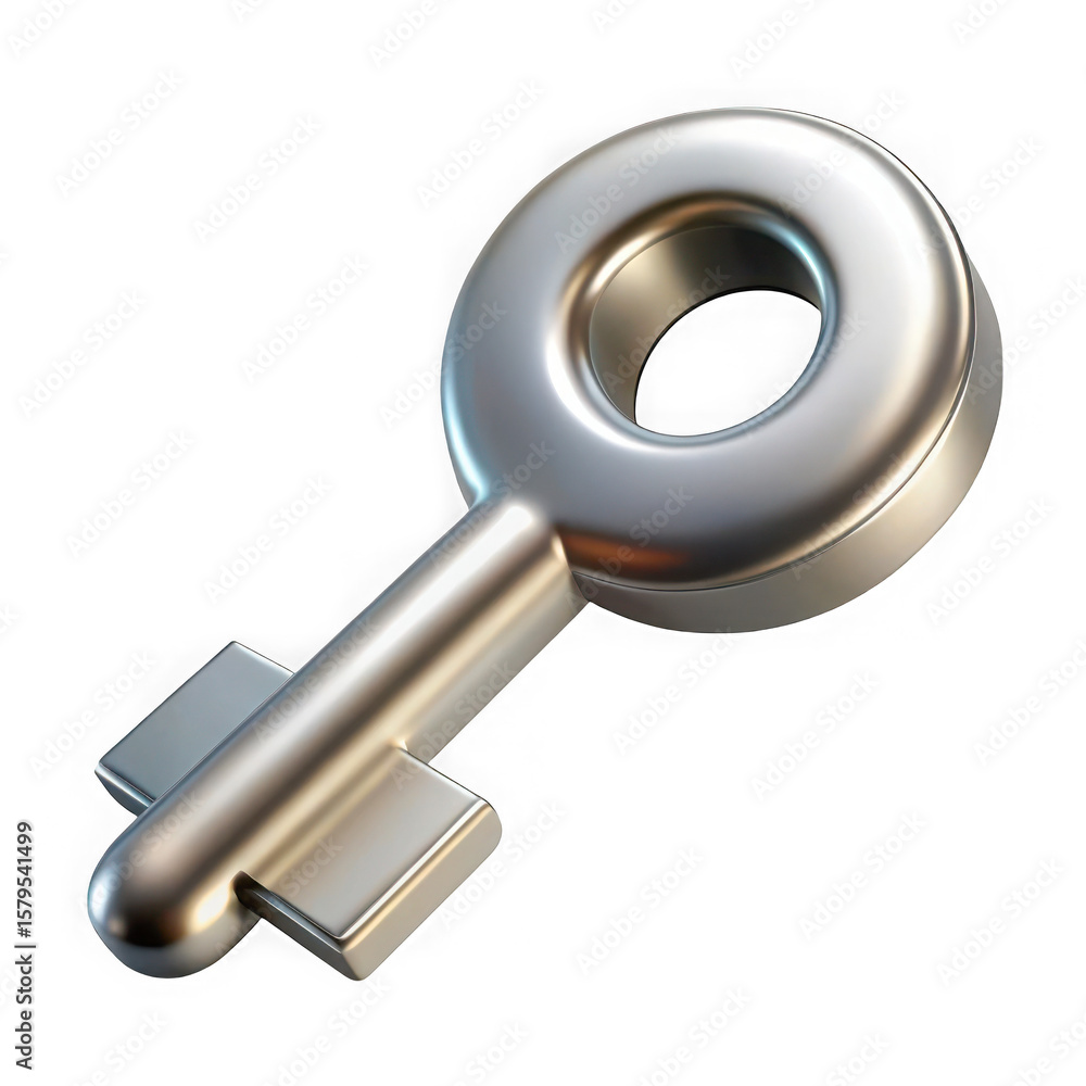 Poster a gleaming silver antique key with a circular bow and a notched bit isolated on transparent backgrou