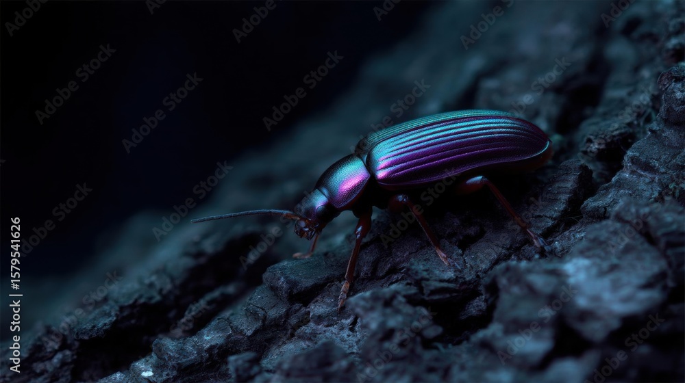 Poster close-up photograph of a beetle on a dark, textured surface. the beetle is facing towards the right 