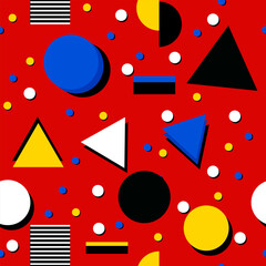 Obraz premium seamless retro 80s 90s groovy pattern, bold geometric shapes, red, blue, yellow, black and white vibrant flat vector style, Memphis design inspiration, dynamic abstract