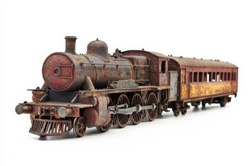 Naklejka premium Old corroded toy train with engine on white background