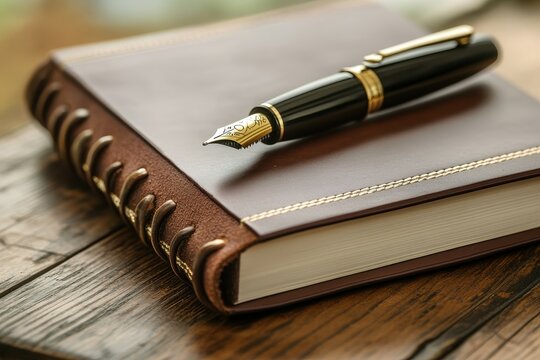 Old calligraphy pen alongside a leather journal and writing tools on a classic desk Close