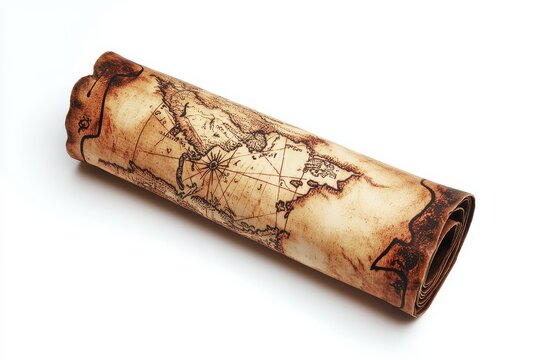 Old pirate treasure map rolled up on a white backdrop