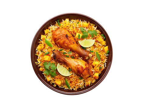 Delicious chicken biryani with garnish isolated on transparent background