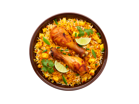 Delicious chicken biryani with garnish isolated on transparent background - Powered by Adobe