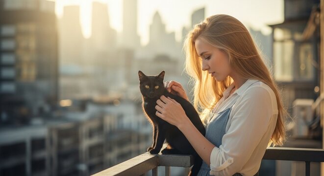 Lady petting black cat on balcony.
